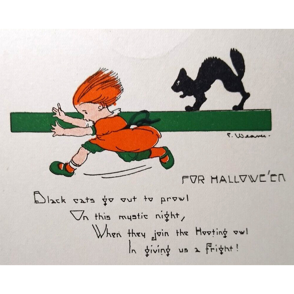 Halloween Postcard Girl Run From Black Cat Weaver Series 2399 Fantasy Original